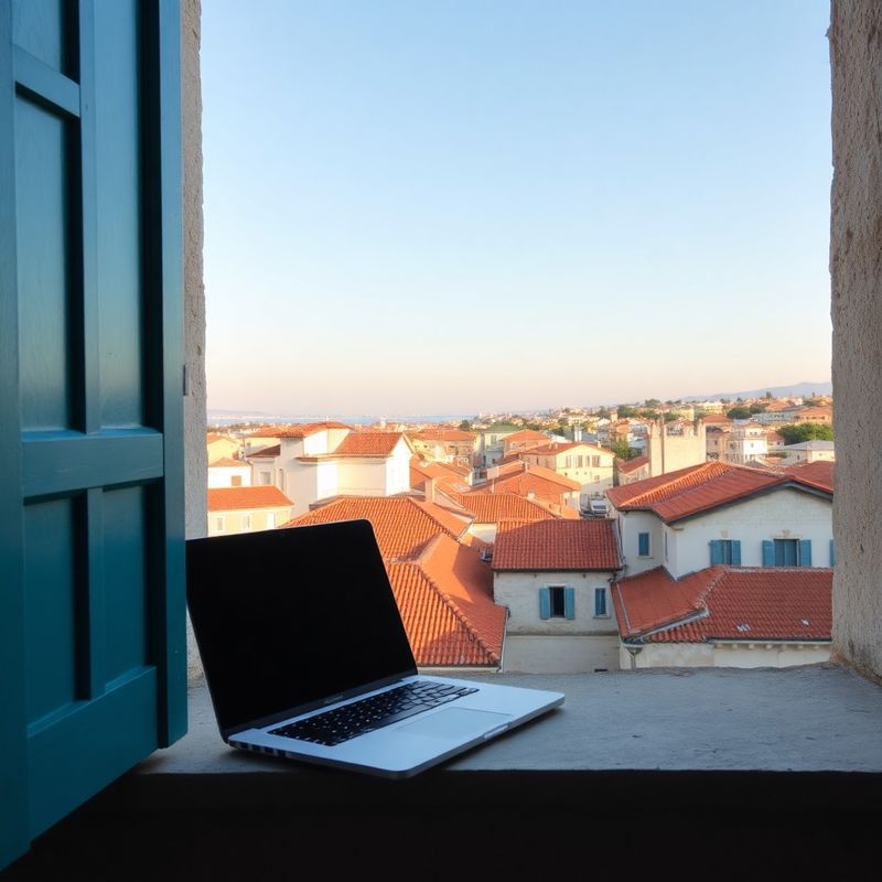 Otvoreni laptop na kamenom prozoru s pogledom na krovove Pule